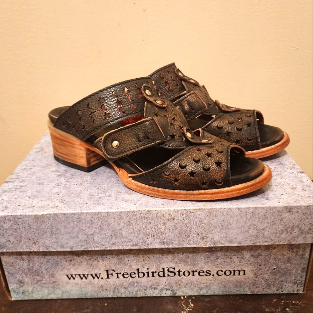 Freebird by Steven Black Perforated Leather Mule Sandals with Tan Wood Heel